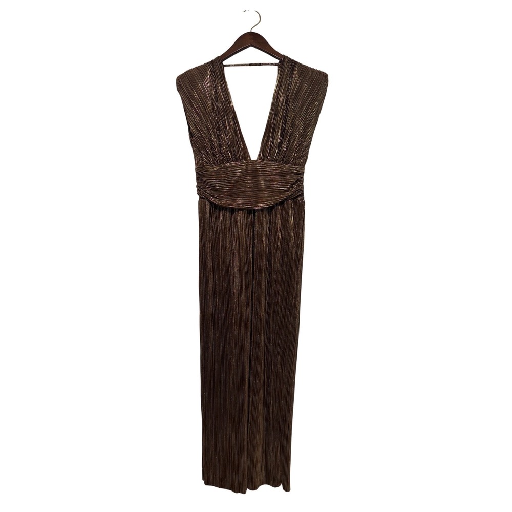 VICI Golden Brown Metallic Plissé Deep V-Neck Maxi Dress XL LD52277-069
